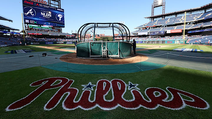 Oct 11, 2023; Philadelphia, Pennsylvania, USA; A view of the Phillies logo painted on the field before game three of the NLDS for the 2023 MLB playoffs between the Philadelphia Phillies and the Atlanta Braves at Citizens Bank Park.
