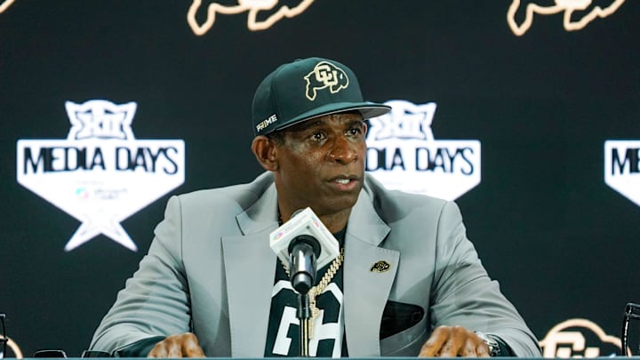 Jul 9, 2025; Frisco, TX, USA; Colorado head coach Deion Sanders speaks with the media during 2025 Big 12 Football Media Days at The Star. 
