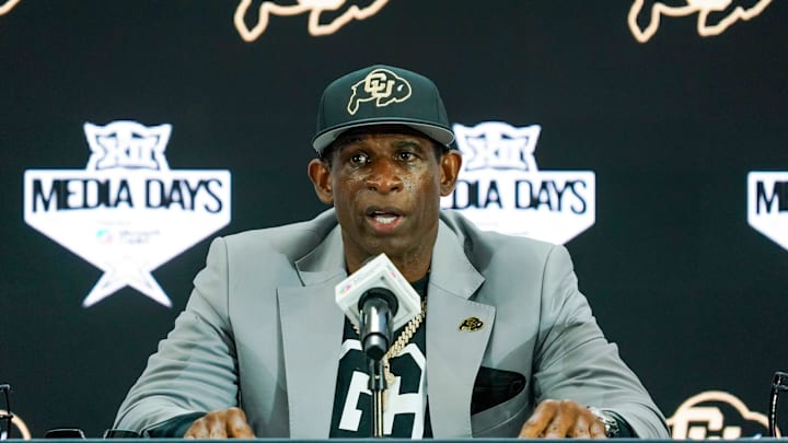 Jul 9, 2025; Frisco, TX, USA; Colorado head coach Deion Sanders speaks with the media during 2025 Big 12 Football Media Days at The Star. 