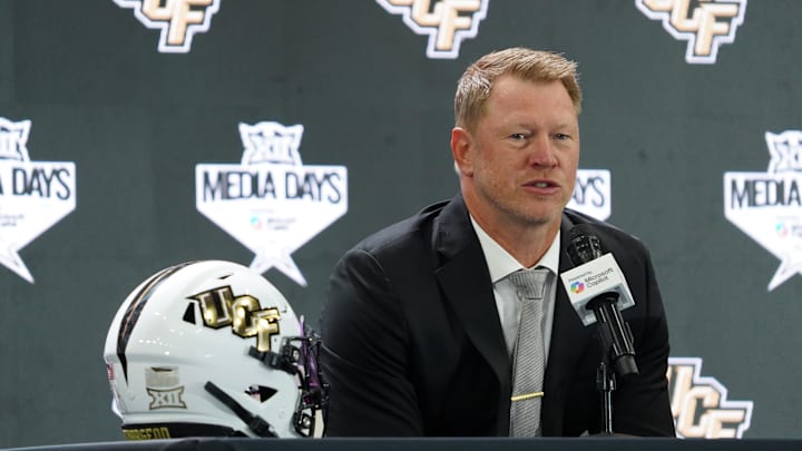 Jul 8, 2025; Frisco, TX, USA; UCF head coach Scott Frost addresses the media during 2025 Big 12 Football Media Days at The Star. Mandatory Credit: Raymond Carlin III-Imagn Images