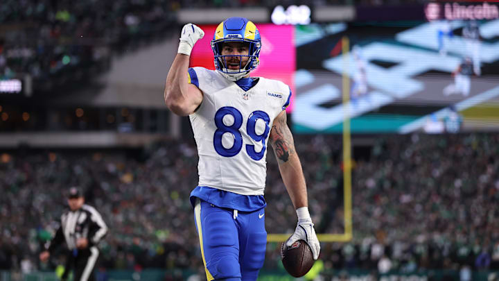 Jan 19, 2025; Philadelphia, Pennsylvania, USA; Los Angeles Rams tight end Tyler Higbee (89) celebrates after scoring a touchdown in the first quarter against the Philadelphia Eagles in a 2025 NFC divisional round game at Lincoln Financial Field. Mandatory Credit: Bill Streicher-Imagn Images Jan 19, 2025; Philadelphia, Pennsylvania, USA; Los Angeles Rams tight end Tyler Higbee (89) celebrates after scoring a touchdown in the first quarter against the Philadelphia Eagles in a 2025 NFC divisional round game at Lincoln Financial Field. Mandatory Credit: Bill Streicher-Imagn Images