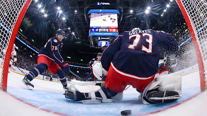 Blue Jackets goaltender Jet Greaves gives up a goal to Senators forward Ridly Greig. 