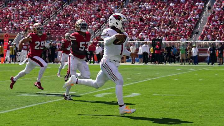 Oct 6, 2024; Santa Clara, California, USA; Arizona Cardinals quarterback Kyler Murray (1) rushes for a touchdown against the San Francisco 49ers during the first quarter at Levi's Stadium. Mandatory Credit: Darren Yamashita-Imagn Images