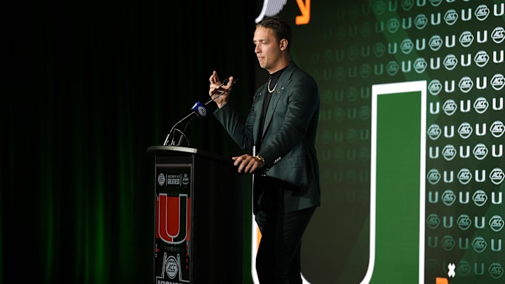 Jul 22, 2025; Charlotte, NC, USA; Miami quarterback Carson Beck answers questions from the media during ACC Media Days at Hilton Charlotte Uptown. Mandatory Credit: Jim Dedmon-Imagn Images
