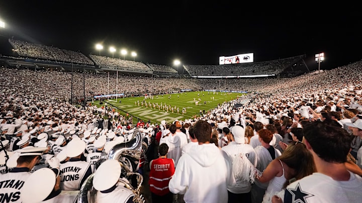 Penn State football fans cheer introductions before the game between the Nittany Lions and Oregon Ducks at Beaver Stadium.
