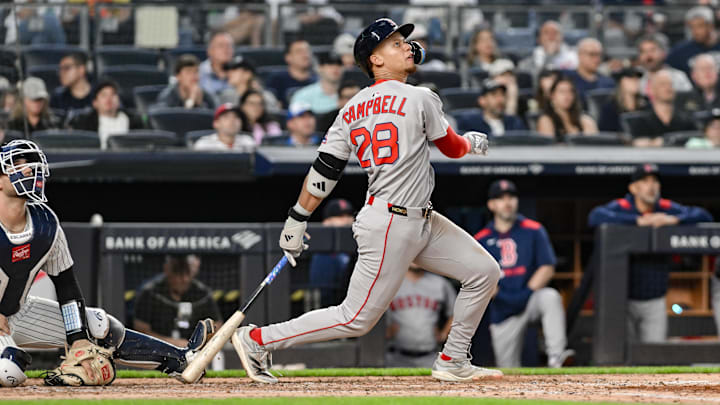 Boston Red Sox second baseman Kristian Campbell hits a two-run home run against the New York Yankees during the fifth inning at Yankee Stadium. Boston Red Sox second baseman Kristian Campbell hits a two-run home run against the New York Yankees during the fifth inning at Yankee Stadium.