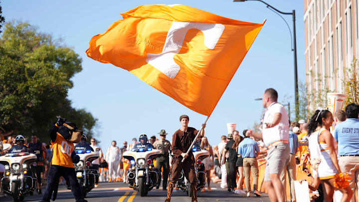 The Volunteer waves the University of Tennessee flag during the Vol Walk before a NCAA football game between Tennessee and UAB at Neyland Stadium in Knoxville, Tenn., September 20, 2025.