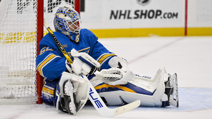 Nov 9, 2024; St. Louis, Missouri, USA;  St. Louis Blues goaltender Jordan Binnington (50) looks on after making a save against the Washington Capitals during the first period at Enterprise Center. Mandatory Credit: Jeff Curry-Imagn Images