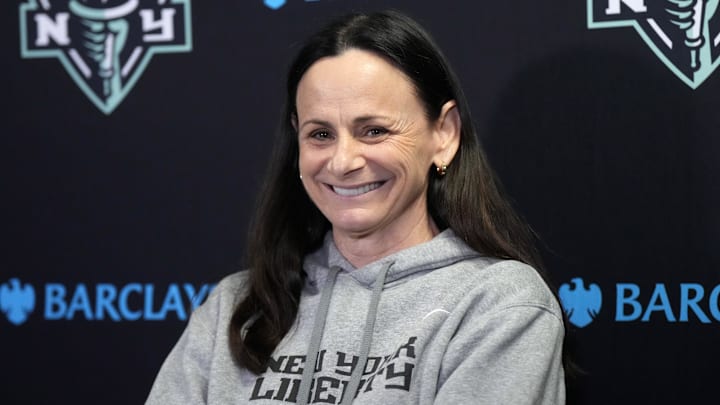 Aug 28, 2024; Los Angeles, California, USA; New York Liberty coach Sandy Brondello at a press conference at Crypto.com Arena. Mandatory Credit: Kirby Lee-Imagn Images