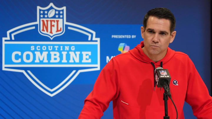 Feb 25, 2025; Indianapolis, IN, USA; New York Giants general manager Joe Schoen speaks during the NFL Scouting Combine at the Indiana Convention Center. Feb 25, 2025; Indianapolis, IN, USA; New York Giants general manager Joe Schoen speaks during the NFL Scouting Combine at the Indiana Convention Center.