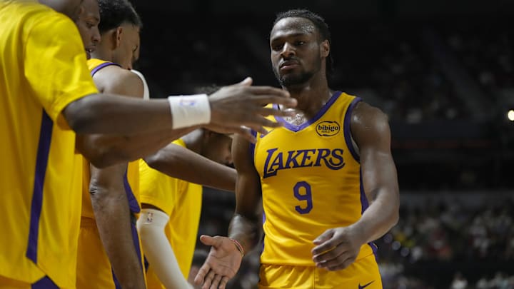 Jul 12, 2024; Las Vegas, NV, USA; Los Angeles Lakers guard Bronny James (9) walks back to the bench during the second half against the Houston Rockets at the Thomas & Mack Center. Mandatory Credit: Lucas Peltier-Imagn Images