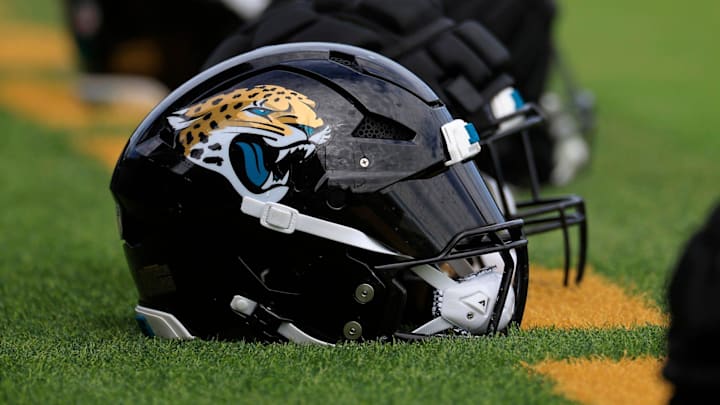 The helmet of Jacksonville Jaguars linebacker Josh Hines-Allen (41) sits at the back of the end zone.