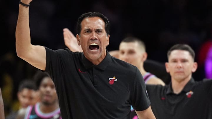 Miami Heat head coach Erik Spoelstra reacts (Mandatory Credit: Jim Rassol-Imagn Images)