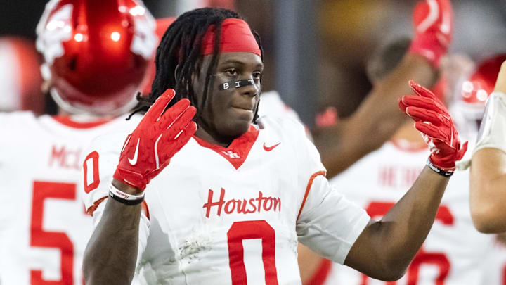 Oct 25, 2025; Tempe, Arizona, USA; Houston Cougars wide receiver Amare Thomas (0) against the Arizona State Sun Devils at Mountain America Stadium. 