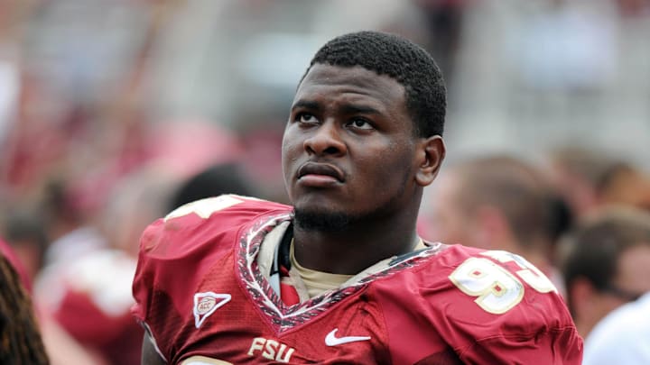 Sept 15, 2012;  Tallahassee, Florida, USA; Florida State Seminoles defensive tackle Everett Dawkins (93) reacts during the second half of the game against the Wake Forest Demon Deacons at Doak Campbell Stadium. Mandatory Credit: Melina Vastola-Imagn Images