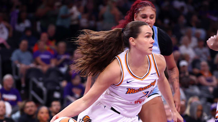 Aug 28, 2025; Phoenix, Arizona, USA; Phoenix Mercury forward Kathryn Westbeld (24) against the Chicago Sky at Phx Arena. Mandatory Credit: Mark J. Rebilas-Imagn Images