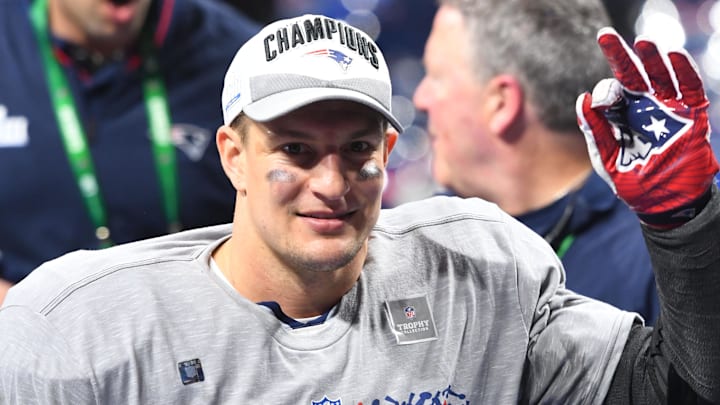Feb 3, 2019; Atlanta, GA, USA; New England Patriots tight end Rob Gronkowski (87) reacts after defeating the Los Angeles Rams in Super Bowl LIII at Mercedes-Benz Stadium. Mandatory Credit: John David Mercer-Imagn Images