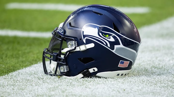Detailed view of a Seattle Seahawks helmet at State Farm Stadium. Detailed view of a Seattle Seahawks helmet at State Farm Stadium.