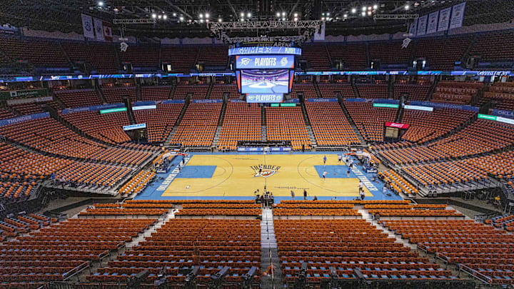 Apr 19, 2019; Oklahoma City, OK, USA; Sunset Orange Thunder Up! T-shirts cover the seats of Apr 19, 2019; Oklahoma City, OK, USA; Sunset Orange Thunder Up! T-shirts cover the seats of