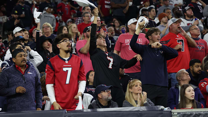 Jan 11, 2025; Houston, Texas, USA; Houston Texans fans cheer in the fourth quarter against the Los Angeles Chargers in an AFC wild card game at NRG Stadium. Mandatory Credit: Thomas Shea-Imagn Images Jan 11, 2025; Houston, Texas, USA; Houston Texans fans cheer in the fourth quarter against the Los Angeles Chargers in an AFC wild card game at NRG Stadium. Mandatory Credit: Thomas Shea-Imagn Images