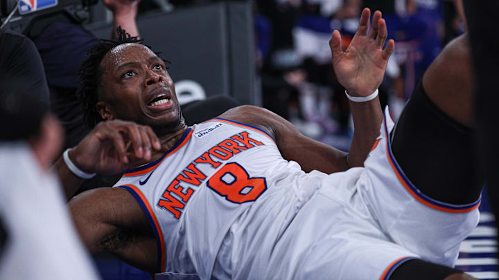 Knicks forward OG Anunoby reacts during the playoffs.