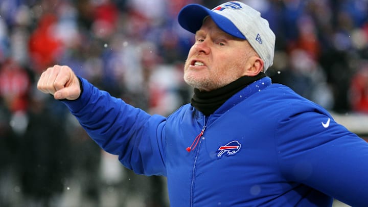 Bills head coach Sean McDermott celebrates a turnover on downs by the defense after an interception put the Falcons in good field position.