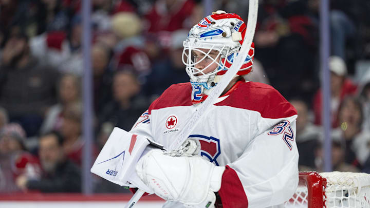 Mar 11, 2026; Ottawa, Ontario, CAN; Montreal Canadiens goalie Jacob Fowler (32) looks up the ice prior to the start of game against the Ottawa Senators at the Canadian Tire Centre. Mandatory Credit: Marc DesRosiers-IMAGN Images