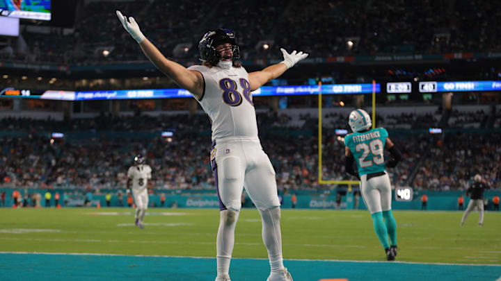 Oct 30, 2025; Miami Gardens, Florida, USA; Baltimore Ravens tight end Charlie Kolar (88) reacts after catching a pass for a touchdown during the third quarter against the Miami Dolphins at Hard Rock Stadium. Mandatory Credit: Sam Navarro-Imagn Images