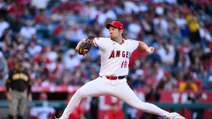 Apr 18, 2026; Anaheim, California, USA; Los Angeles Angels pitcher Yusei Kikuchi (16) delivers during the first inning against the San Diego Padres at Angel Stadium. Mandatory Credit: William Liang-Imagn Images