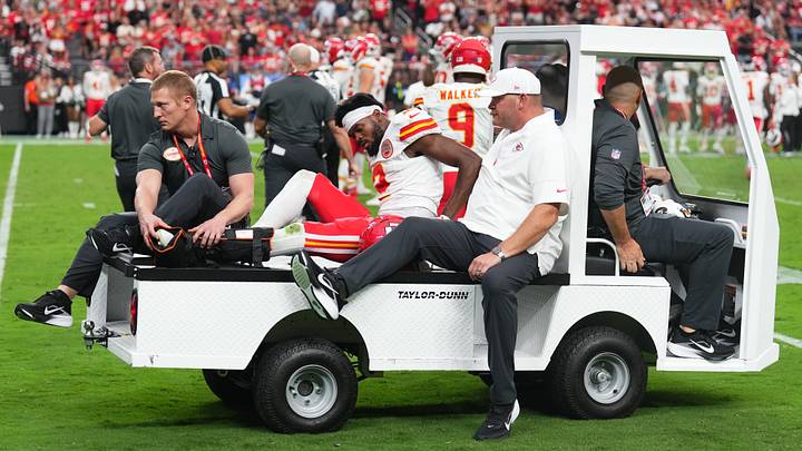 Oct 4, 2026; Paradise, Nevada, USA; Kansas City Chiefs wide receiver Tyquan Thornton (2) is carted off the field with an apparent injury against the Las Vegas Raiders during the fourth quarter at Allegiant Stadium. Mandatory Credit: Joe Camporeale-Imagn Images Oct 4, 2026; Paradise, Nevada, USA; Kansas City Chiefs wide receiver Tyquan Thornton (2) is carted off the field with an apparent injury against the Las Vegas Raiders during the fourth quarter at Allegiant Stadium. Mandatory Credit: Joe Camporeale-Imagn Images
