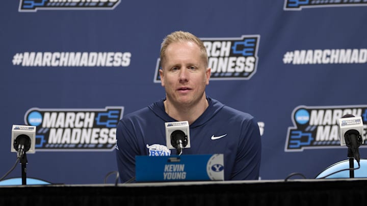 Mar 18, 2026; Portland, OR, USA; BYU Cougars head coach Kevin Young answers questions during a press conference before a practice session ahead of the first round of the men's 2026 NCAA Tournament at Moda Center. Mandatory Credit: Troy Wayrynen-Imagn Images