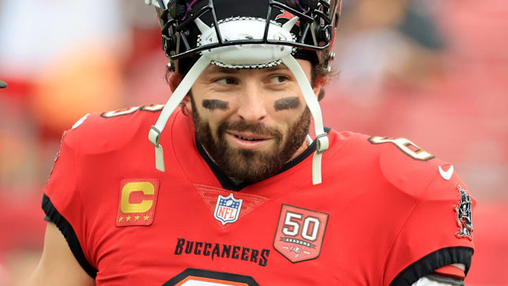 Dec 7, 2025; Tampa, Florida, USA; Tampa Bay Buccaneers quarterback Baker Mayfield (6) prior to the game against the New Orleans Saints at Raymond James Stadium. 
