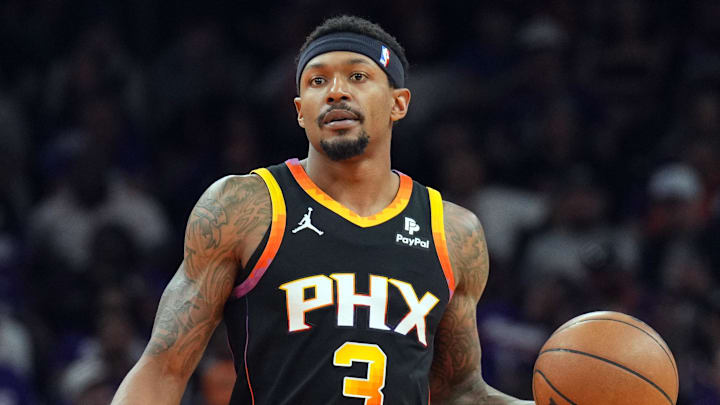 Apr 28, 2024; Phoenix, Arizona, USA; Phoenix Suns guard Bradley Beal (3) dribbles against the Minnesota Timberwolves during the second half of game four of the first round for the 2024 NBA playoffs at Footprint Center.