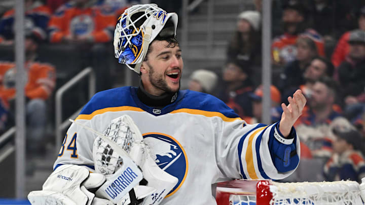 Dec 9, 2025; Edmonton, Alberta, CAN; Buffalo Sabres goalie Alex Lyon (34) is seen out on the ice as the Edmonton Oilers take on the Buffalo Sabres during the third period at Rogers Place. Mandatory Credit: Walter Tychnowicz-Imagn Images Dec 9, 2025; Edmonton, Alberta, CAN; Buffalo Sabres goalie Alex Lyon (34) is seen out on the ice as the Edmonton Oilers take on the Buffalo Sabres during the third period at Rogers Place. Mandatory Credit: Walter Tychnowicz-Imagn Images