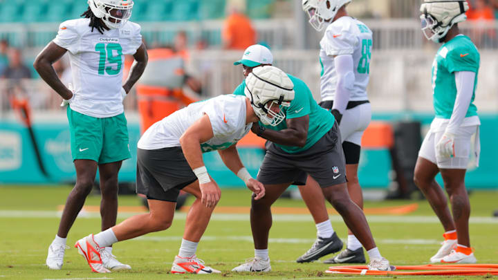 Miami Dolphins tight end Hayden Rucci (87) works during training camp at Baptist Health Training Complex. Miami Dolphins tight end Hayden Rucci (87) works during training camp at Baptist Health Training Complex.