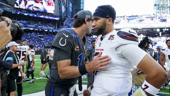 Indianapolis Colts quarterback Daniel Jones (17) and Houston Texans quarterback C.J. Stroud (7) meet centerfield Sunday, Sept. 27, 2026, after the Indianapolis Colts defeated the Houston Texans 19-17 at Lucas Oil Stadium in Indianapolis. Indianapolis Colts quarterback Daniel Jones (17) and Houston Texans quarterback C.J. Stroud (7) meet centerfield Sunday, Sept. 27, 2026, after the Indianapolis Colts defeated the Houston Texans 19-17 at Lucas Oil Stadium in Indianapolis.