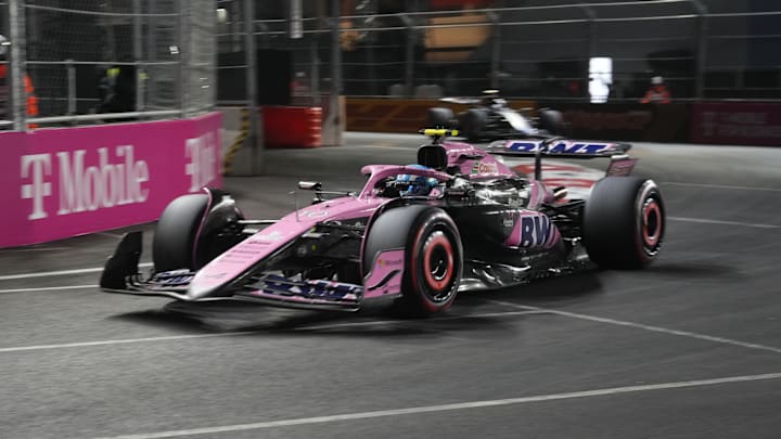 Nov 22, 2024; Las Vegas, Nevada, USA; BWT Alpine F1 Team driver Pierre Gasly of France (10) drives during qualifiers for the Formula 1 Heineken Silver Las Vegas Grand Prix 2024 at the Las Vegas Circuit. Mandatory Credit: Lucas Peltier-Imagn Images