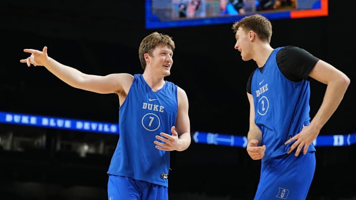 Apr 4, 2025; San Antonio, TX, USA; Duke Blue Devils guard Kon Knueppel (7) and guard Cooper Flagg (2) during a practice session for the Final Four of the 2025 NCAA tournament at Alamodome.