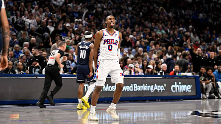 Jan 1, 2026; Dallas, Texas, USA; Philadelphia 76ers guard Tyrese Maxey (0) celebrates making a three point basket against the Dallas Mavericks during the second half at the American Airlines Center. Mandatory Credit: Jerome Miron-Imagn Images
