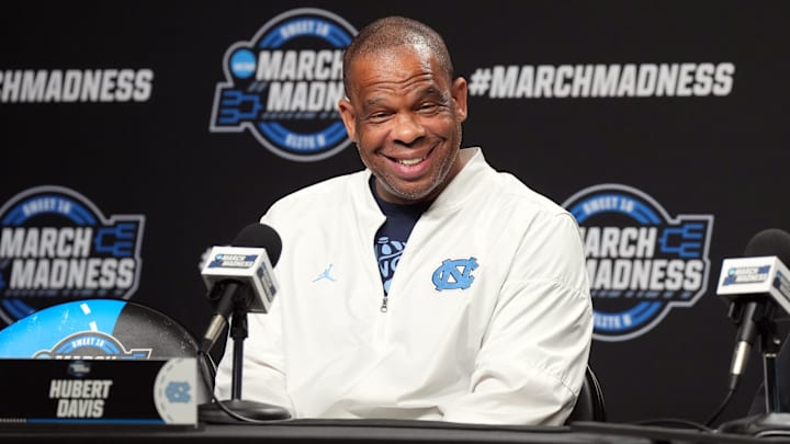 Mar 27, 2024; Los Angeles, CA, USA; North Carolina Tar Heels coach Hubert Davis during a press conference prior to NCAA Tournament at West Regional at Crypto.com Arena. Mandatory Credit: Kirby Lee-Imagn Images