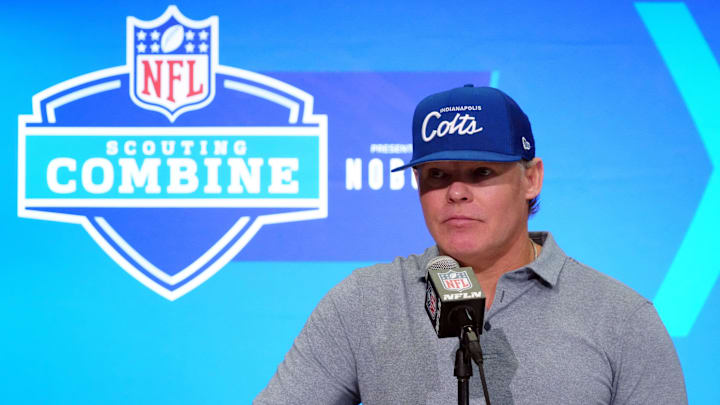Feb 28, 2024; Indianapolis, IN, USA; Indianapolis Colts general manager Chris Ballard speaks at a press conference at the NFL Scouting Combine at Indiana Convention Center. Mandatory Credit: Kirby Lee-Imagn Images Feb 28, 2024; Indianapolis, IN, USA; Indianapolis Colts general manager Chris Ballard speaks at a press conference at the NFL Scouting Combine at Indiana Convention Center. Mandatory Credit: Kirby Lee-Imagn Images