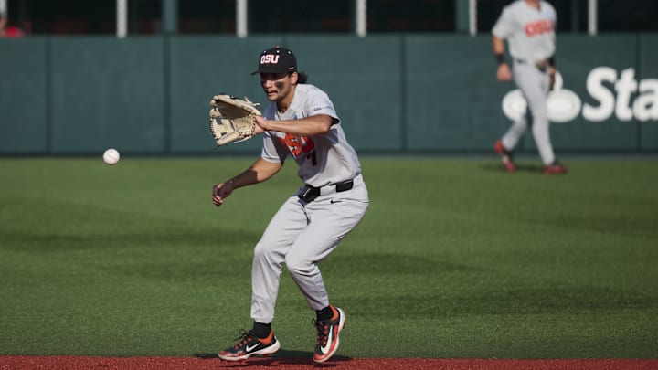 Jun 1, 2025; Corvallis, OR, USA; Oregon St. infielder AJ Singer (7) makes a play in the ninth inning against Saint Mary's at the NCAA Corvallis Regional at Goss Stadium. Mandatory Credit: Troy Wayrynen-Imagn Images