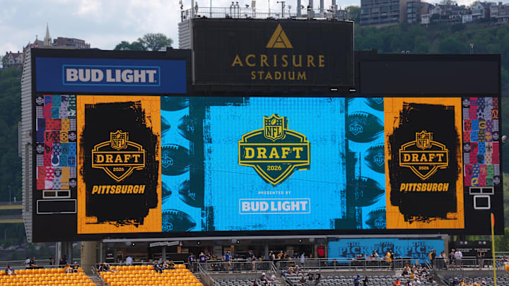 Apr 23, 2026; Pittsburgh, PA, USA; The video board with the NFL Draft logo at Acrisure Stadium. Mandatory Credit: Kirby Lee-Imagn Images