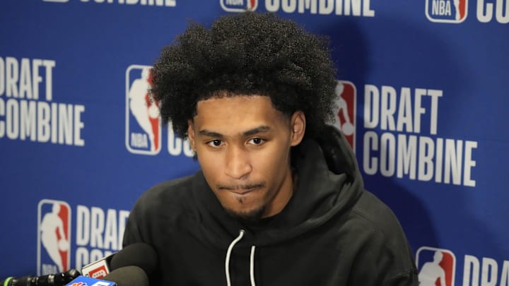 May 14, 2025; Chicago, Il, USA; Dylan Harper talks to the media during the 2025 NBA Draft Combine at Marriott Marquis Chicago. Mandatory Credit: David Banks-Imagn Images