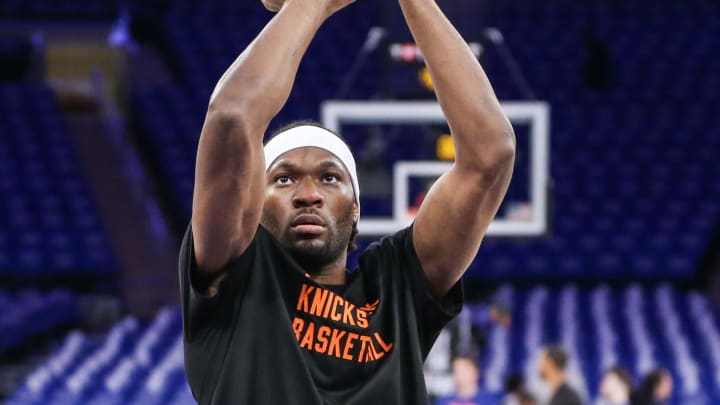 Apr 20, 2024; New York, New York, USA; New York Knicks forward Precious Achiuwa (5) warms up prior