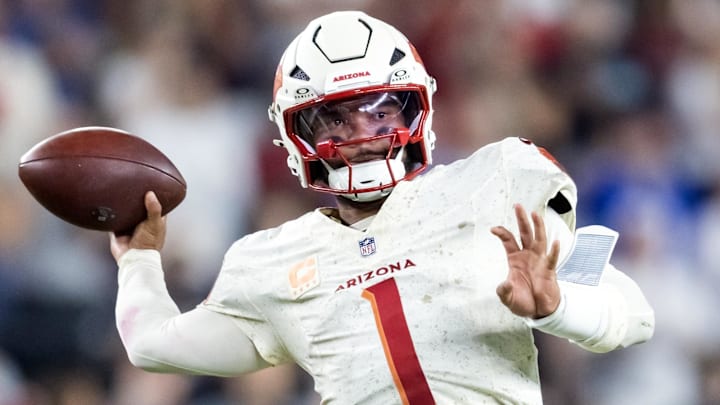 Sep 25, 2025; Glendale, Arizona, USA; Arizona Cardinals quarterback Kyler Murray (1) against the Seattle Seahawks at State Farm Stadium. Mandatory Credit: Mark J. Rebilas-Imagn Images