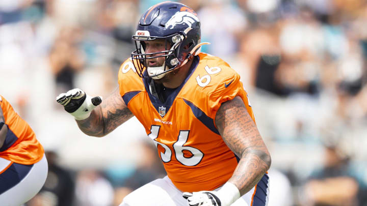 Sep 19, 2021; Jacksonville, Florida, USA; Denver Broncos guard Dalton Risner (66) against the