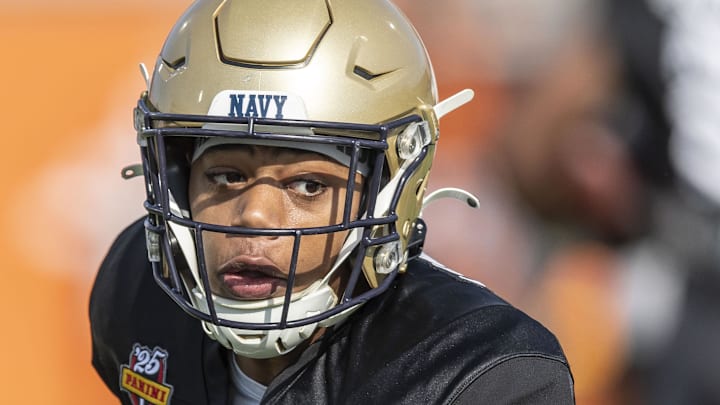 Jan 29, 2025; Mobile, AL, USA; National team defensive back Rayuan Lane III of Navy (18) works in a drill during Senior Bowl practice for the National team at Hancock Whitney Stadium. Mandatory Credit: Vasha Hunt-Imagn Images Jan 29, 2025; Mobile, AL, USA; National team defensive back Rayuan Lane III of Navy (18) works in a drill during Senior Bowl practice for the National team at Hancock Whitney Stadium. Mandatory Credit: Vasha Hunt-Imagn Images