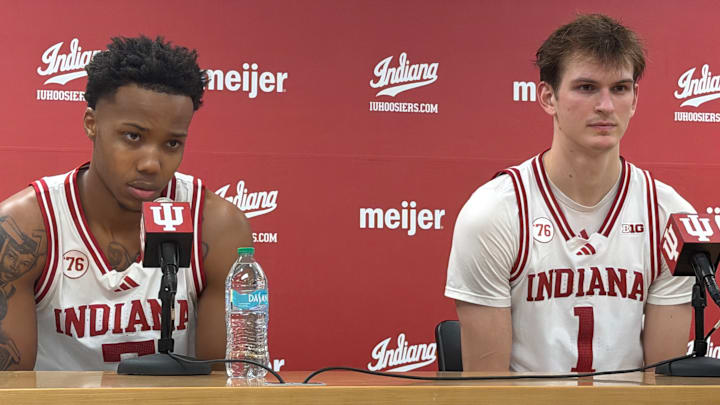 Indiana basketball forwards Nick Dorn and Reed Bailey speak to reporters Dec. 20, 2025, after defeating Chicago State.