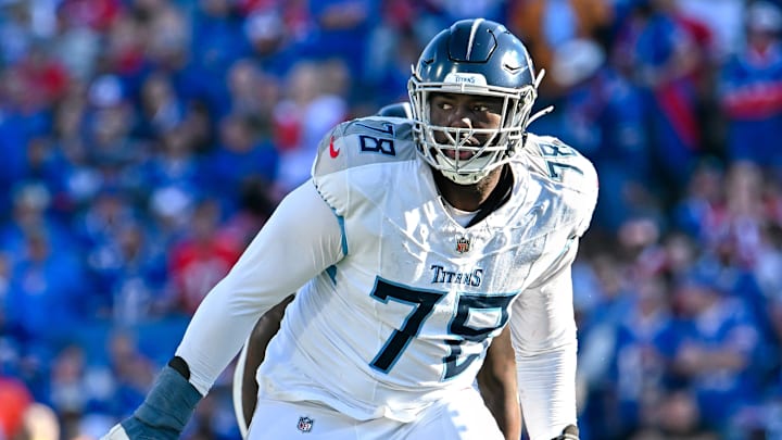 Oct 20, 2024; Orchard Park, New York, USA; Tennessee Titans offensive tackle Nicholas Petit-Frere (78) in pass protection against the Buffalo Bills in the fourth quarter at Highmark Stadium. Mandatory Credit: Mark Konezny-Imagn Images